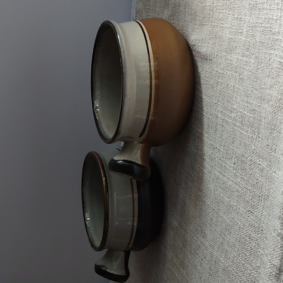 Vintage Made in Korea Speckled Stripe Pottery  MCM SOUP BOWL W/ HANDLE Set 2 - Picture 3 of 5